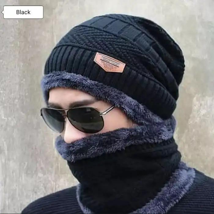 Black Wool Beanie & Neck Warmer Set for Winter